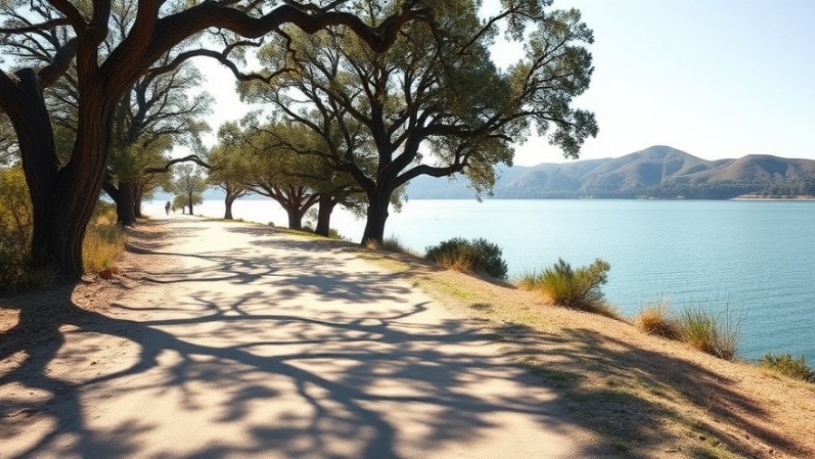 Serene dirt trail beside Folsom Lake, evoking tranquility and exploration.