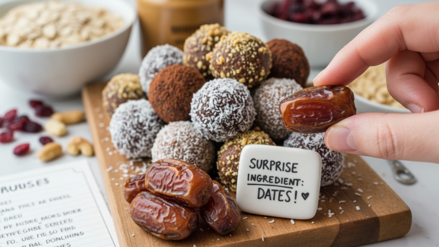 Nutritious bites with fresh blueberries and dates in an energy balls recipe.