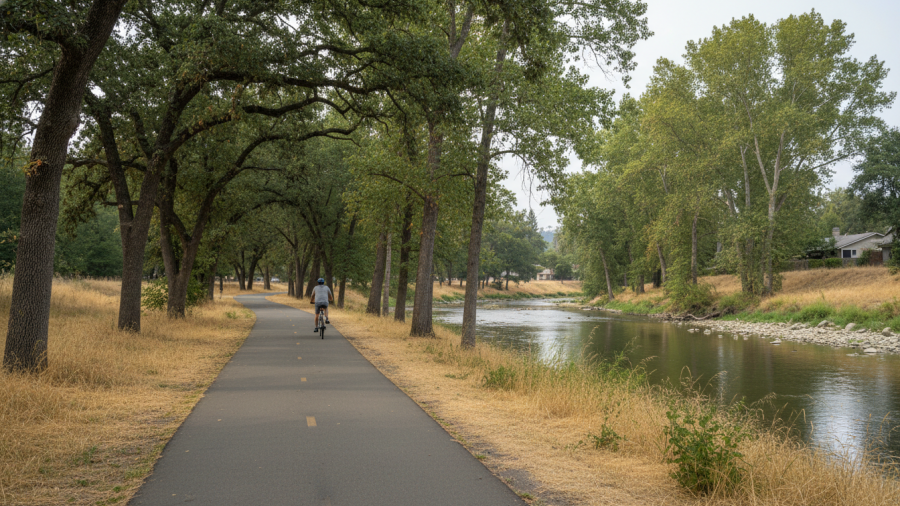 Calm trail at Gristmill access point along American River Parkway, showcasing nature.