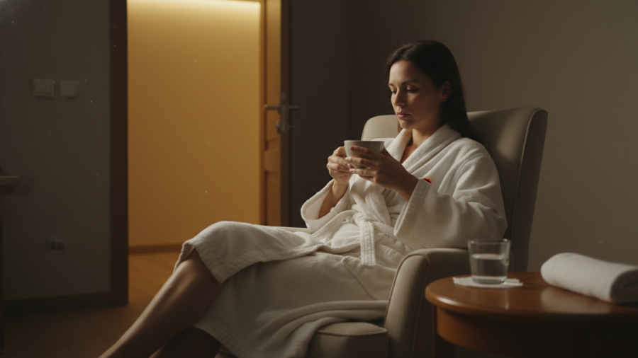 A serene moment of reflection after treatment, with a guest in a robe.