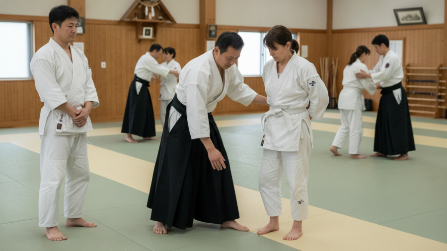 Experienced practitioners guide beginners in Sacramento Aikido classes, fostering growth.