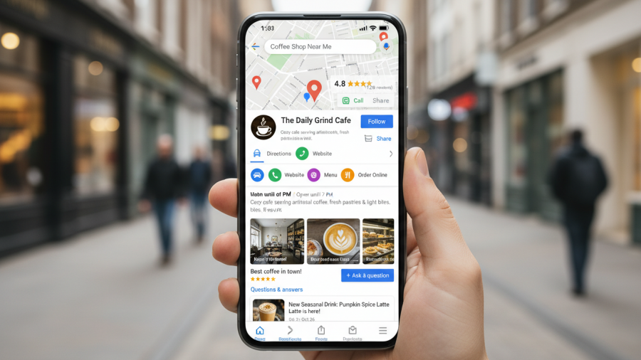 Google Maps business listings tips on a mobile phone display