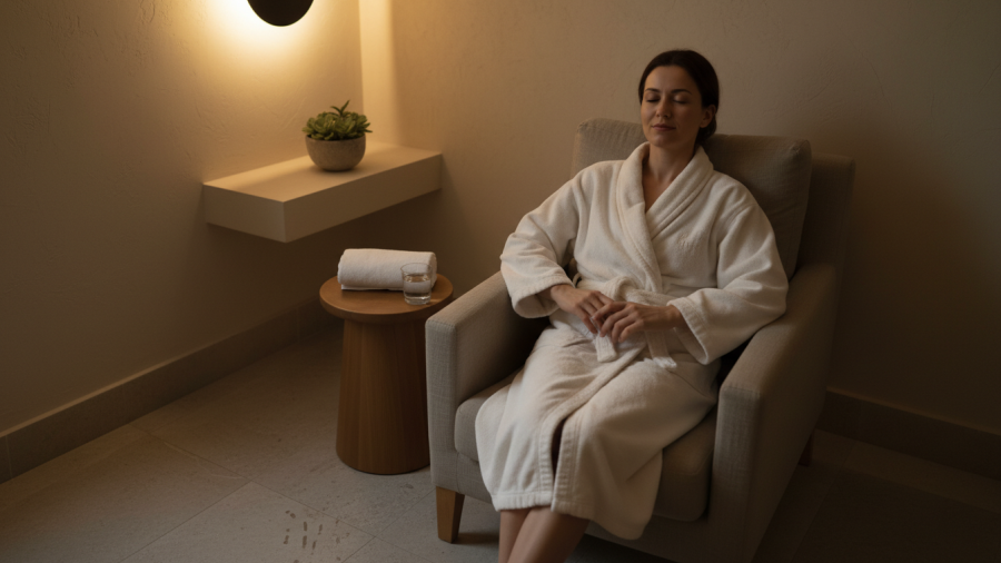 Quiet spa moment capturing subtle emotional and physical shifts after treatment.