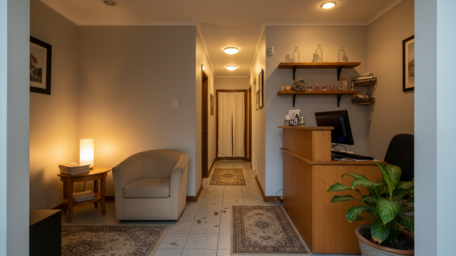 Welcoming reception area of a massage spa in Keizer, showcasing atmosphere and professionalism.
