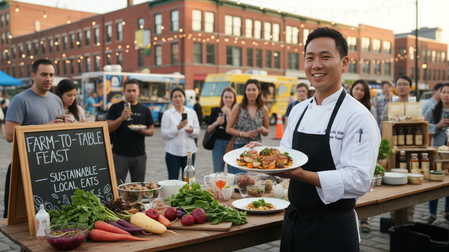 Chef showcasing farm-to-table cuisine at a vibrant city food event.
