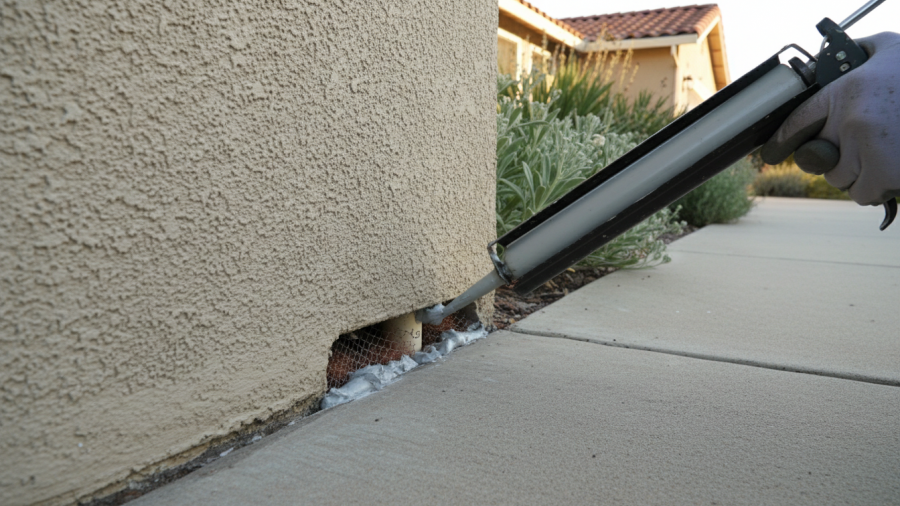 Close-up of sealing small gaps in Sacramento home for pest proofing.