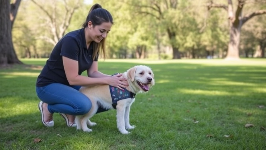 Humane dog training in Sacramento: Trainer helps rescue dog sit in leafy park.