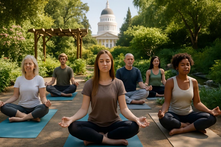 Outdoor yoga class in Sacramento's tranquil garden focusing on relaxation techniques.