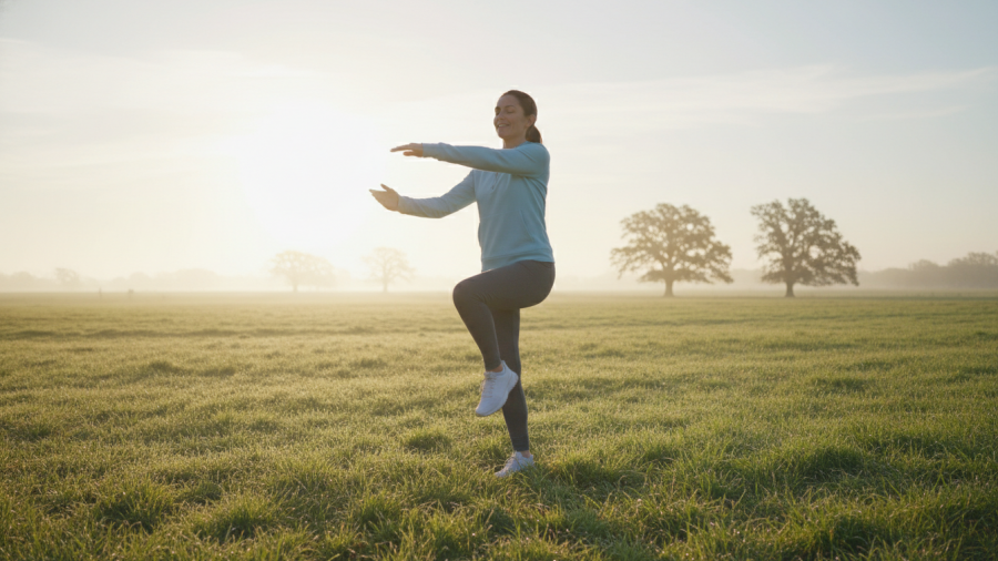 Person doing bodyweight exercises for home fitness in soft, golden morning light.