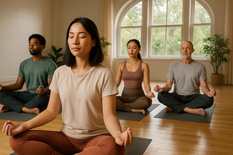 Calm meditation group in peaceful Sacramento studio practicing relaxation techniques.