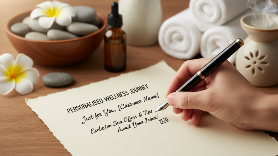Close-up of a hand writing a personalized email for spa customer engagement on textured stationery.