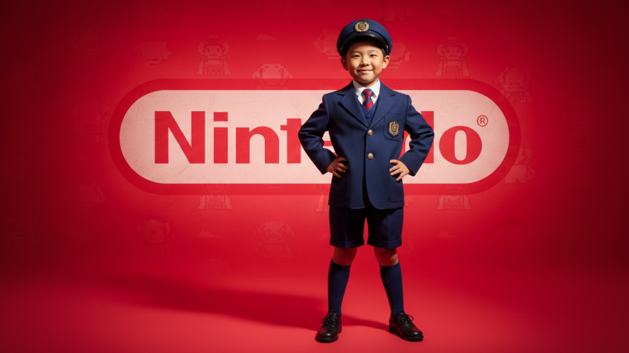 A young child in a vintage school uniform embodies the entrepreneurial spirit against a vibrant red Nintendo backdrop.