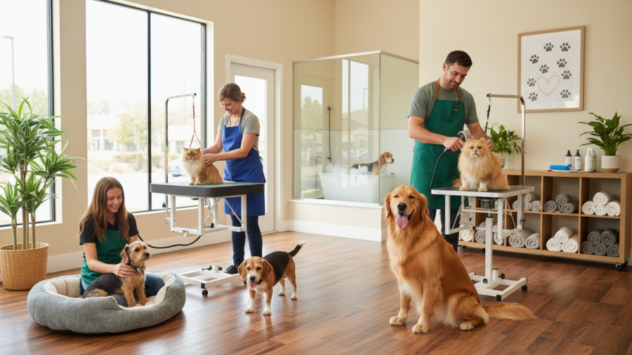 Happy pets enjoying gentle, kennel-free grooming at a family-owned pet spa in Sacramento.