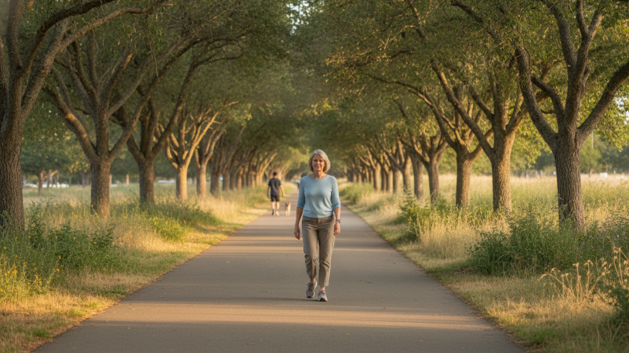 Woman walking along a tree-lined park path in Sacramento during her daily routine