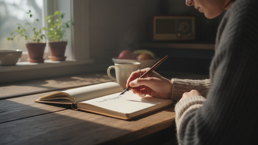Mindfulness practice in a sunny kitchen, writing boosts emotional wellness and creativity.