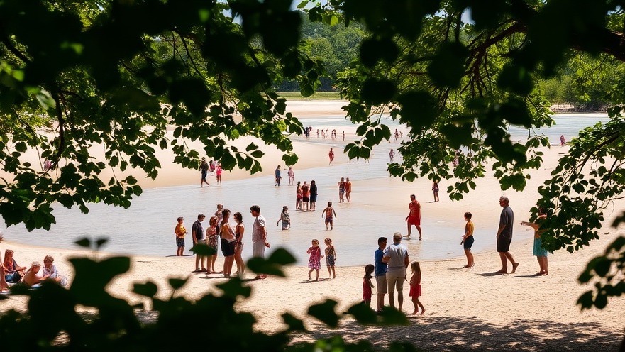 Sandy riverside beach scene with families enjoying a sunny day under tree branches.