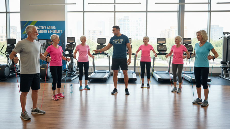 Active seniors engaged in wellness fitness coaching in Sacramento gym.