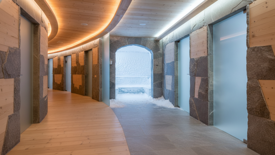 Elegant spa corridor leading to a snow room, showcasing snow room benefits for spa guests.