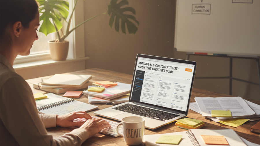 Business owner focused on AI search analysis at a sunlit desk with notepads.