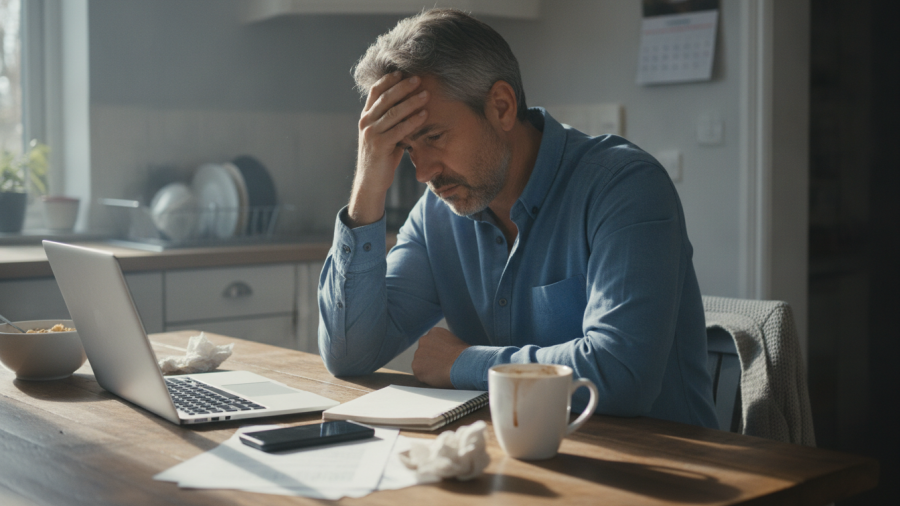 A man overwhelmed by daily stress, exemplifying mindfulness attitudes and acceptance.