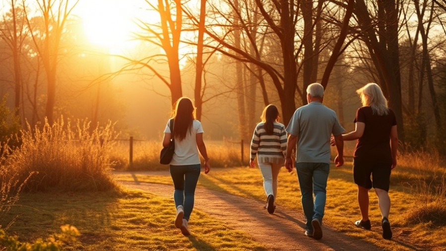 Stress management through gentle walking in a serene golden hour setting.