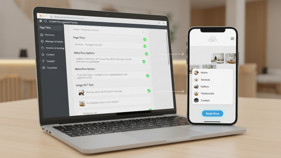 Spa website dashboard on laptop showcasing SEO edits and mobile preview for bookings.