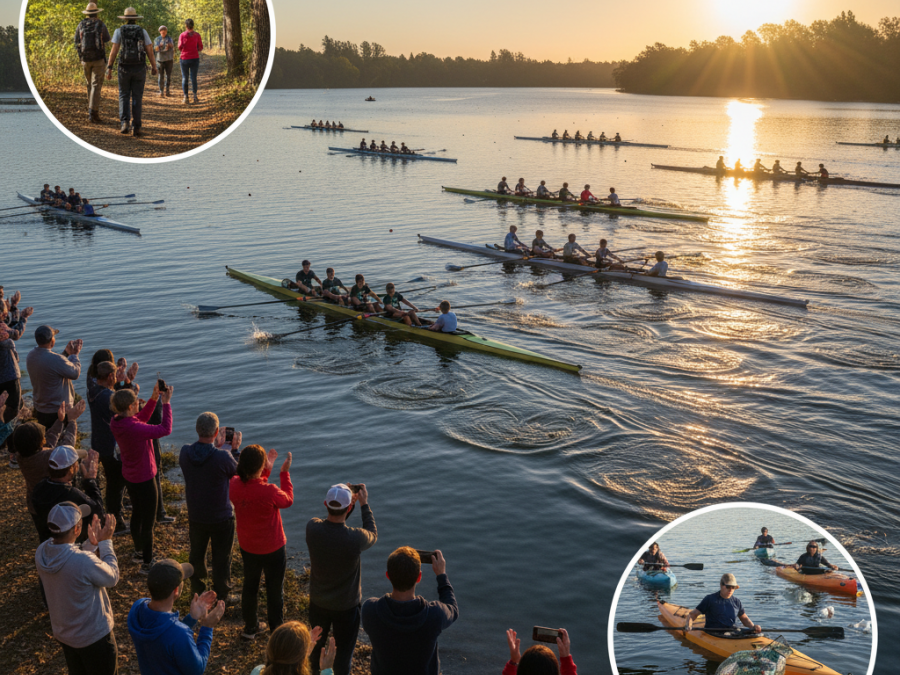 American Regatta head, rowing shells in rhythm and community cleanup scenes.