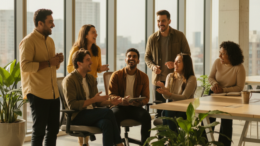 Diverse young adults smiling in a modern office, engaging in a friendly meeting.