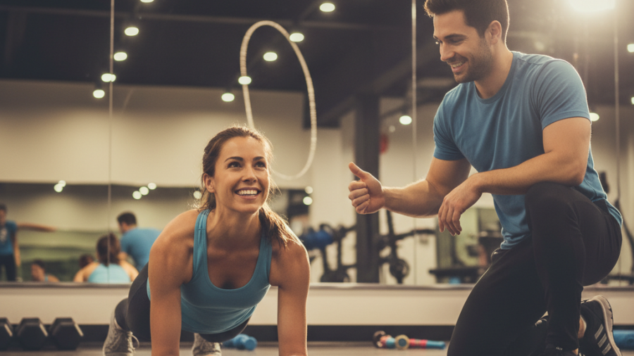 Personal trainer tips in Sacramento: client smiles during plank, trainer encourages.