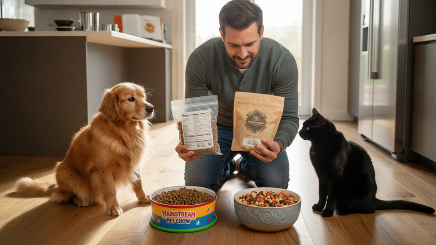 Male owner comparing Sacramento pet food brands for better pet nutrition.