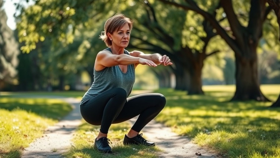 Midlife woman performing deep squat in McKinley Park, showcasing functional fitness and healthy aging.