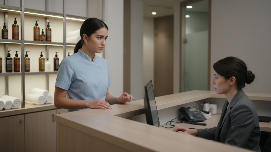 A spa staff member hesitates to communicate, reflecting spa communication culture.