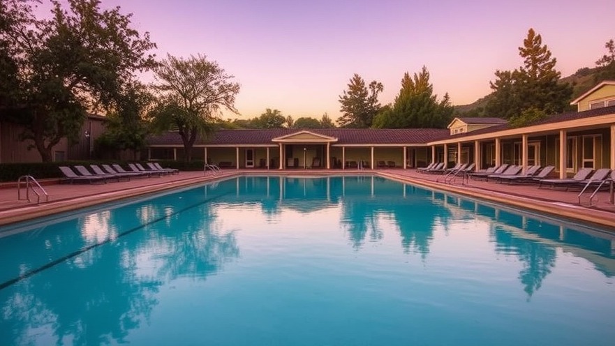Calm mineral pool at sunset surrounded by trees, inviting a peaceful Calistoga vibe.
