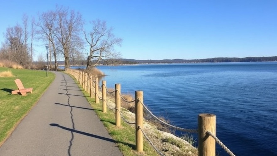 Lakeside walking path in Mather Regional Park with winter reflections.