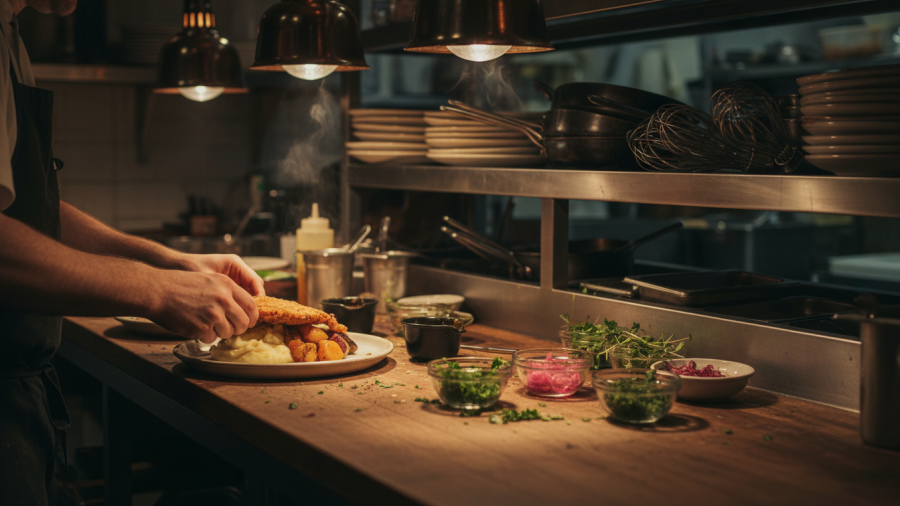 Hands presenting delicious vegetarian comfort food ideas in a warm restaurant setting.
