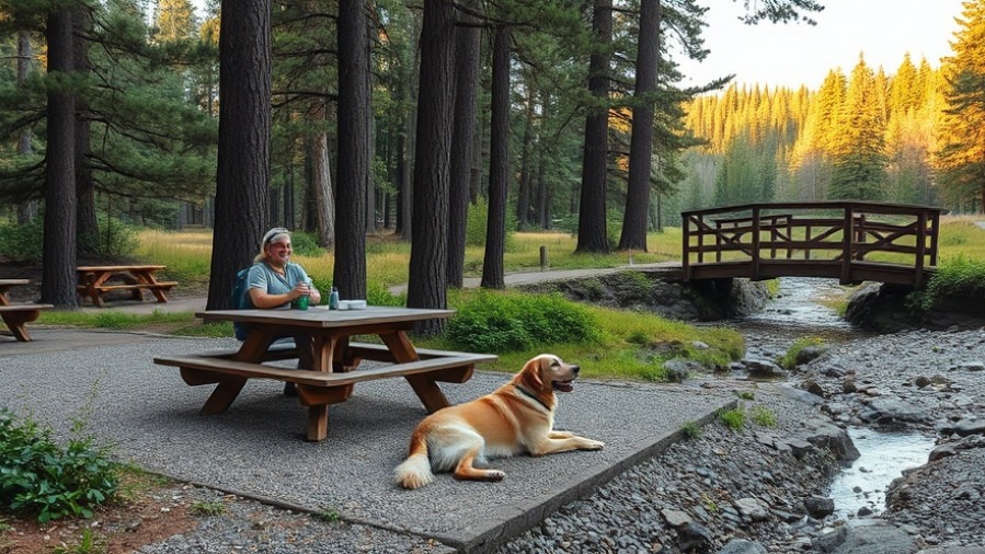 A serene picnic scene: hikers relax by a creek under lush trees.