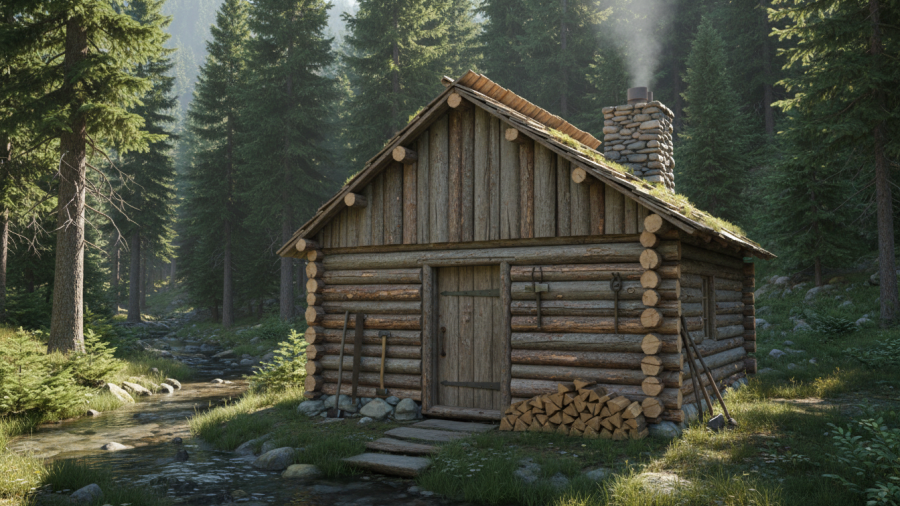 Hand-built cabin representing a sustainable lifestyle and eco-friendly living.