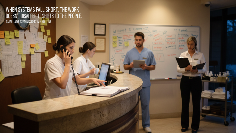 Challenges of cheap spa software: Front desk staff adapting to inefficiencies.