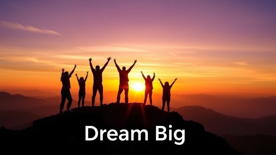 Group of individuals on a mountain peak at sunrise, celebrating their biggest dream.
