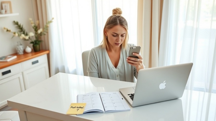 Spa owner at a calming reception desk, feeling overwhelmed by social media tasks.