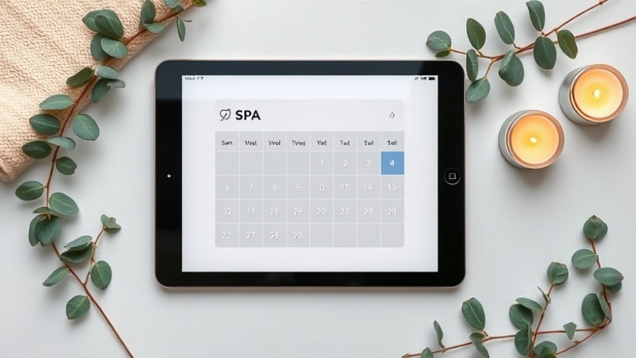 Minimalist flat-lay of a spa tablet with eucalyptus and candles, showcasing spa booking automation.