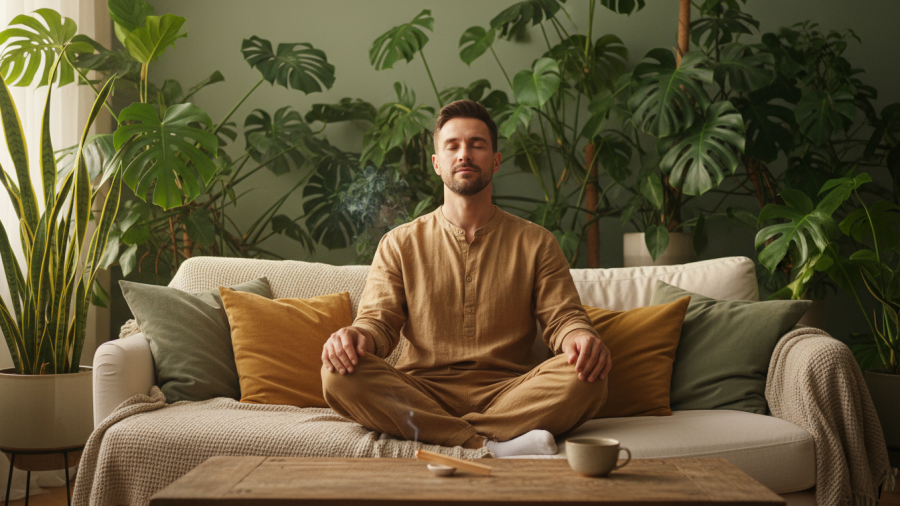Calm man meditating in a cozy space for work-life harmony and self-care for entrepreneurs.