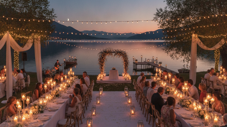 Enchanting twilight at a Sacramento outdoor wedding venue by the lake.