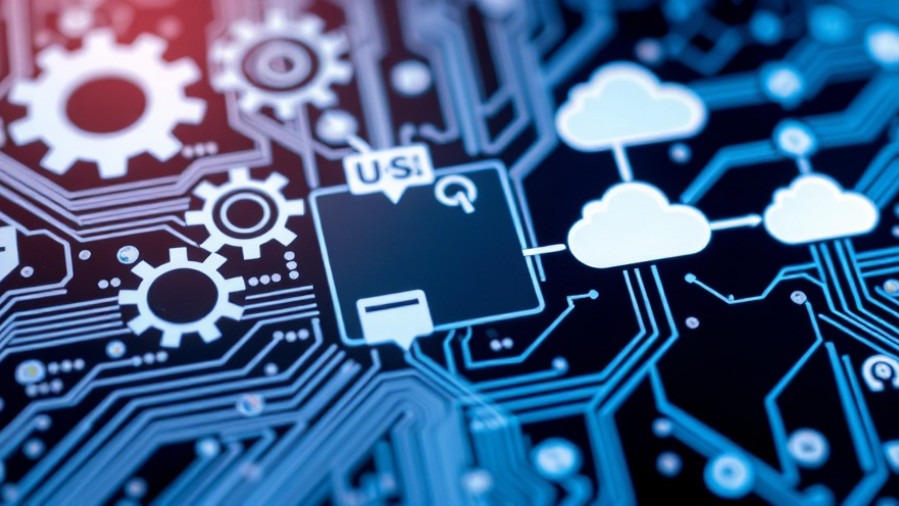 Close-up of a circuit board and business icons representing AI workforce automation.