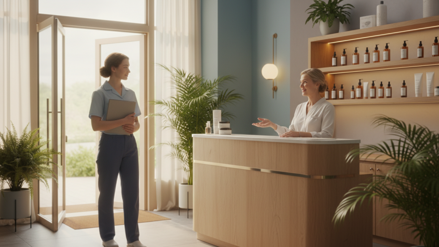 Warm spa lobby with new employee greeting senior staff, showcasing a calming atmosphere.