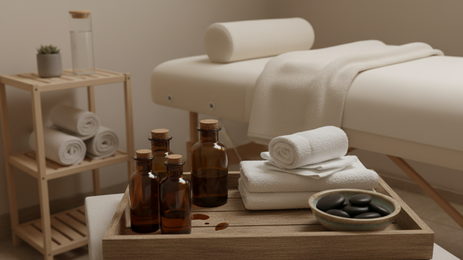 Personalized spa experience in Bellevue with oils, stones, and towels ready for use.