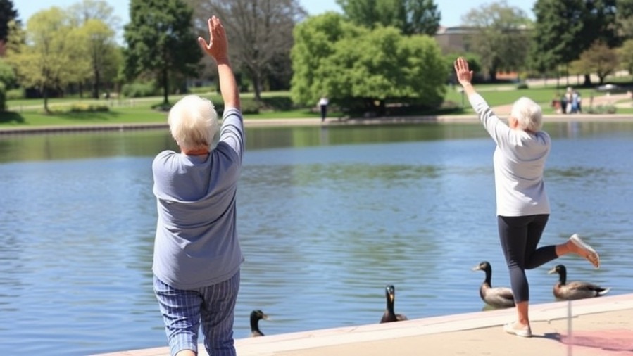 Older friends enhancing mobility through gentle stretches in McKinley Park.