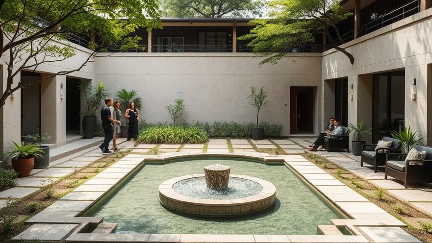 Serene courtyard spa with water feature, promoting eco-luxury and biophilic design.