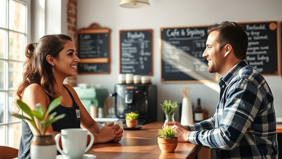 Cheerful café owner engaging with a loyal customer, reflecting quality content and audience engagement.