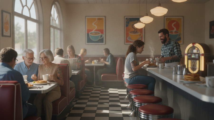 Cozy classic breakfast diner atmosphere in Sacramento with patrons enjoying breakfast.
